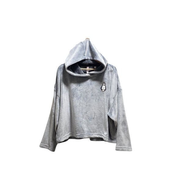 Joyspun Penguin Patch Cropped Teddy Hoodie Gray Size XL Cozy Winter Soft Casual - Picture 2 of 14